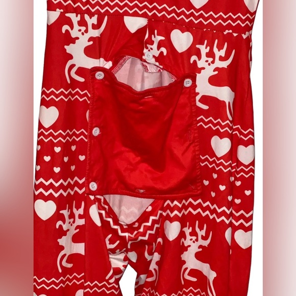 CBR Red Heart Deer Button-down Front V-neck Buttoned Flap Jumpsuit Pajama Onesie - Picture 5 of 6
